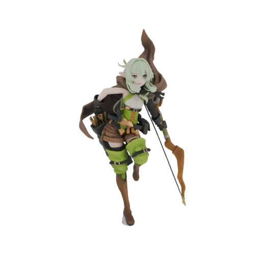3D model of a fantasy elf archer with green hair, holding a bow and arrow, wearing a brown cloak and green tunic.