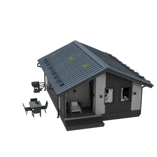 3D model of a modern grey house with a patio, outdoor furniture, and a grill, set against a black background.