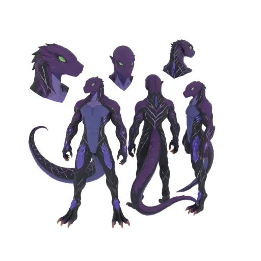 3D model render of a muscular Reptilian Warrior with purple and black armor, green eyes, and a long tail, shown from multiple
