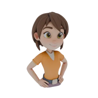 A 3D render of a stylized cartoon girl with short brown hair, wearing an orange t-shirt and blue belt, with her hands on her