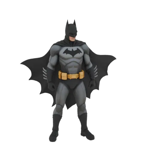 3D model of Batman in a grey suit with a cape and yellow belt, standing in a heroic pose.
