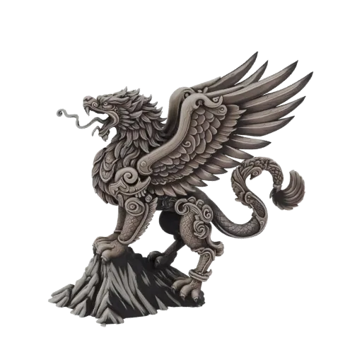 3D model of an ornate griffin statue with intricate carvings, stone texture, and wings spread, standing on a rocky base.