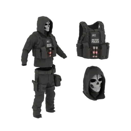 3D model of a Grim Reaper-themed tactical outfit, including a skull mask, hooded jacket, tactical vest, and combat pants.