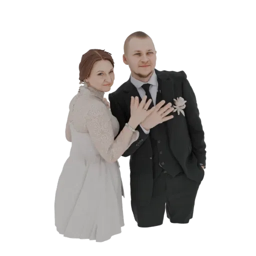 3D model of a wedding couple, a bride in a lace dress and a groom in a suit, posing together happily.