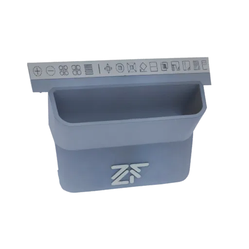 3D model of a light blue and grey tool holder with a band of icons along the top and a 'ZF' logo on the base.