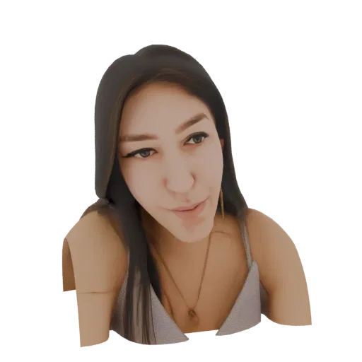 3D model render of a woman with dark hair, wearing a silver top, looking slightly to the side with a gentle expression.