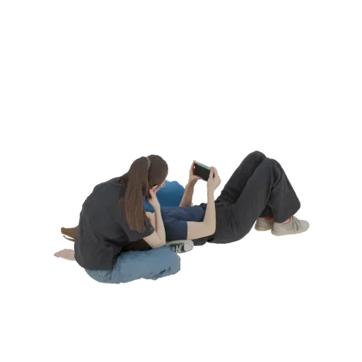 3D model of two people sitting together, one holding a handheld game console and both looking at the screen.