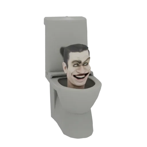 3D model of a man's head with a wide, unsettling grin emerging from a toilet bowl.