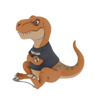 Una renderización 3D de un T-Rex naranja caricatura sentado y vistiendo una camiseta gris con texto blanco.