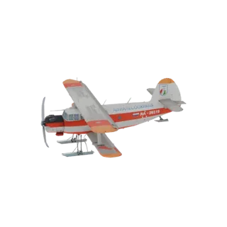 3D-Modell eines rot-weißen Antonov An-2 Agrarflugzeugs mit Skiern, aus einem Dreiviertelwinkel betrachtet.