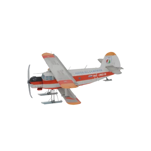 3D-Modell eines rot-weißen Antonov An-2 Agrarflugzeugs mit Skiern, aus einem Dreiviertelwinkel betrachtet.
