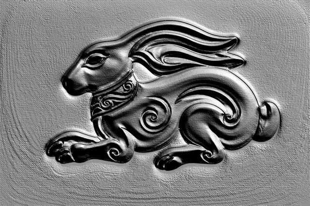 Modelo 3D de bajorrelieve de conejo estilo Art Decó, representando un conejo con líneas fluidas y patrones en espiral sobre u