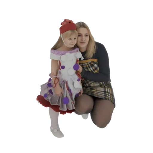 3D model of a blonde mother hugging her young daughter, who wears a red hat and a festive white and purple dress.