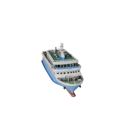 Fähre 3D Modell, Drei-Viertel-Studioansicht, Blender-fähiges Fahrzeug-Asset mit Rumpfform, Decklayout und wasserlinienbewusst