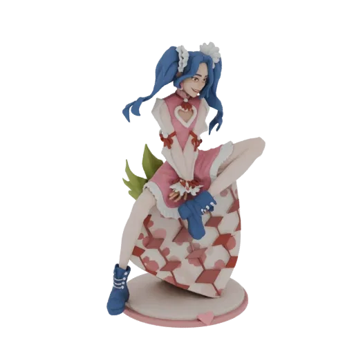 3D model of an anime girl with blue pigtails, wearing a pink dress and blue boots, sitting on a heart-shaped base.