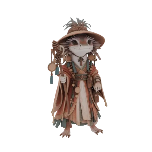 3D model of a fantasy lizard mage wearing a hat and robes, holding a staff.