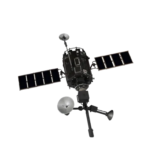 Communication Satellite 3D model, three-quarter front view, Unreal Engine viewport, showing solar panels, form detail.
