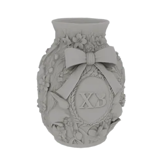 Modelo 3D de um vaso de Páscoa cinza decorado com coelhos, flores e um laço, com inscrição 'XB'.
