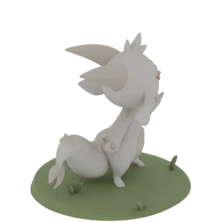 Render 3D di una carina volpe fennec bianca con grandi orecchie, in piedi su una base verde erbosa, vista di lato.