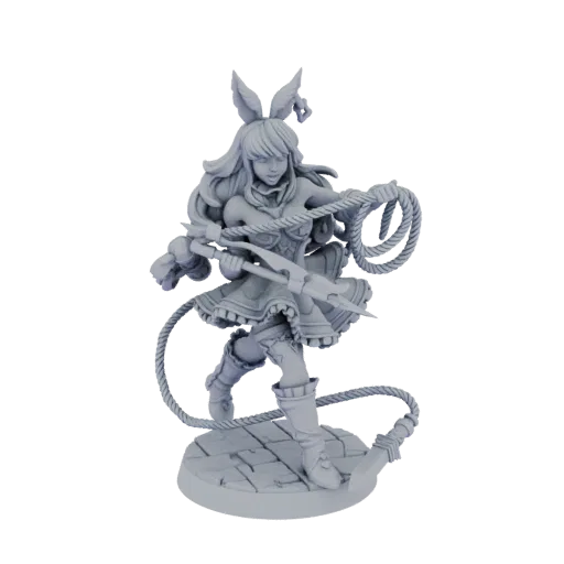 3D model of a dynamic Bunny Girl character with bunny ears, holding a whip and spear, standing on a cobblestone base.