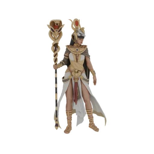 3D model of an Egyptian goddess wearing a golden headdress with a cobra and sun disk, holding a cobra-headed staff, and dress