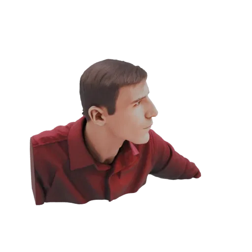 3D model render of a man wearing a red collared shirt, viewed from a slightly elevated side angle.