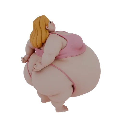 Modèle 3D d'une femme ronde stylisée aux cheveux blonds, portant un bikini rose, posant dynamiquement sur un fond blanc.