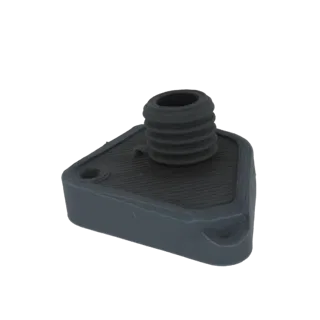 Modelo 3D de uma base cinza escuro texturizada com superfície nervurada e um proeminente suporte de parafuso rosqueado saindo