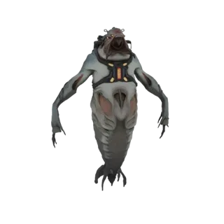 Uma renderização 3D de uma grotesca criatura abominação aquática com cauda de peixe, pele pálida, braços com garras e boca ab