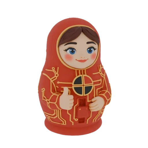 A 3D render of a red Matryoshka doll with yellow circuit board patterns and a thumbs-up gesture, against a black background.