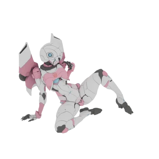 3D model of a pink and white robotic figure in a dynamic seated pose, with intricate paneling and segmented limbs.