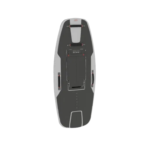 Top-down view of a futuristic electric surfboard 3D model, featuring a dark gray deck with red accents and a light gray body.