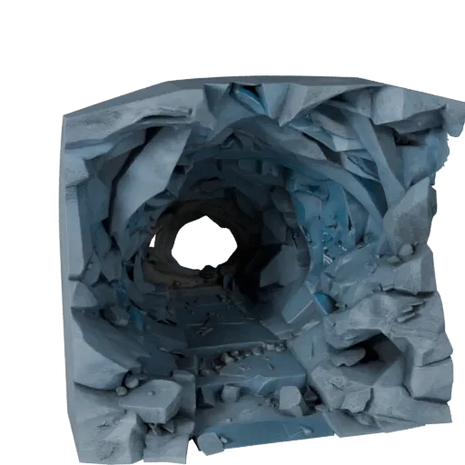 Ice Cave Passage Stylized 3D model, stylized isometric environment render, showing aged stone, snow banks.