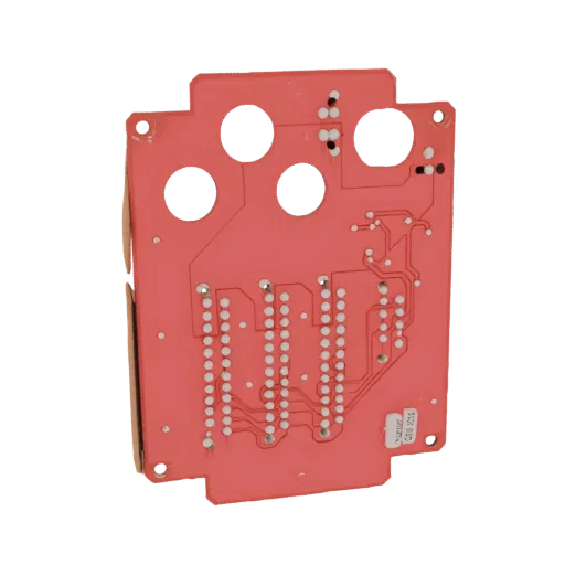 3D model of a red printed circuit board with circular cutouts and rows of white connector pins, viewed from an angle.