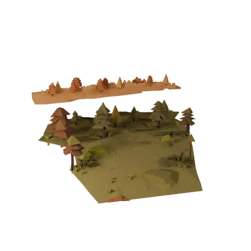 Autumn Woodland Biome Low Poly 3D model, game viewport three-quarter view, showing terrain layers, terrain detail.