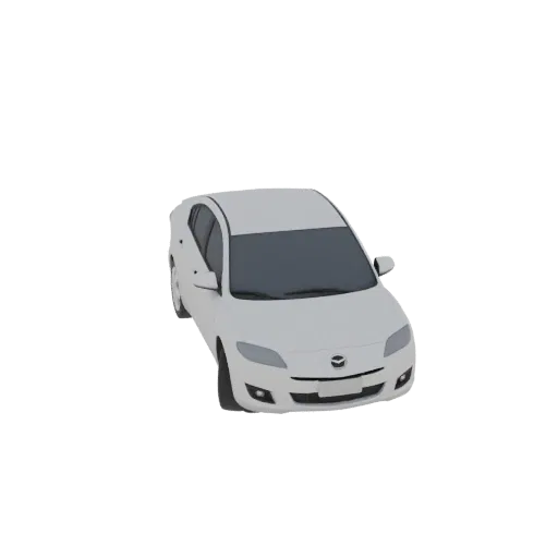 3D model of a white 2007 Mazda 3 Sedan with darkened windows, front angled view