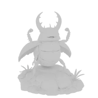 Modelo 3D de un escarabajo rinoceronte mofletudo flexionando sus brazos sobre una base rocosa, con cuernos prominentes y segm