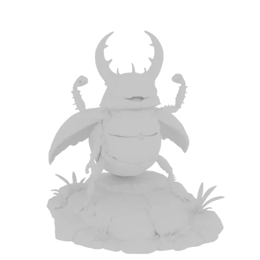 Modelo 3D de un escarabajo rinoceronte mofletudo flexionando sus brazos sobre una base rocosa, con cuernos prominentes y segm