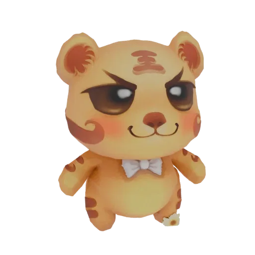 A 3D render of a cute chibi tiger character wearing a white bowtie, with large eyes and orange stripes.