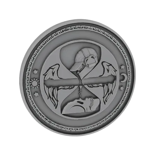 3D model of a Yin Yang coin with angelic faces, wings, sun, and moon symbols.