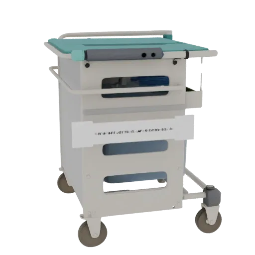 Clinic Medical Cart Education 3D model, three-quarter training render, showing painted metal, clinical silhouette.