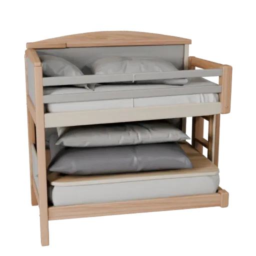 Canopy Bunk Bed Product Viz 3D model, bedroom, three-quarter studio product render, fabric detail.