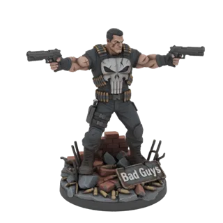 3D-Modell von The Punisher mit zwei Pistolen auf einem Diorama-Sockel mit Ziegeln und Kugeln, mit 'Bad Guys'-Schild.