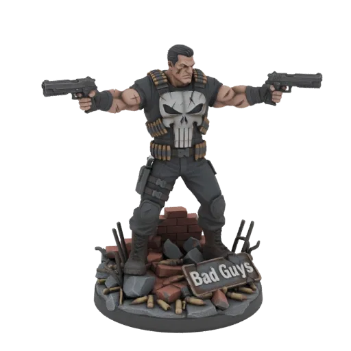 3D model of The Punisher standing with two pistols, on a diorama base with bricks and bullets, featuring a 'Bad Guys' sign.
