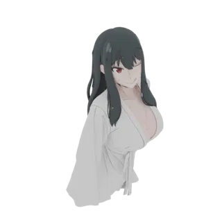3D model of an anime girl with long black hair, wearing a white kimono and winking.