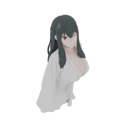 3D model of an anime girl with long black hair, wearing a white kimono and winking.