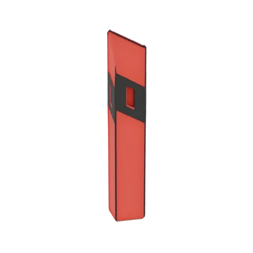 3D render of a tall, slender geometric pillar with red sides and black angular accents, featuring a small rectangular cutout.