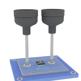 3D model of a microfluidic chip with two mixers on a blue base, featuring gray caps on top elements.