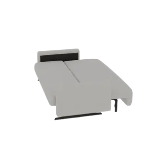 3D-Modell einer modernen L-förmigen Wohnlandschaft in Hellgrau mit integrierter Kopfstütze, vor schwarzem Hintergrund.