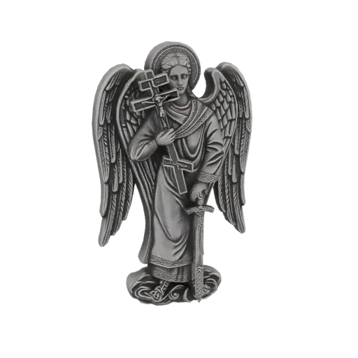 3D model of Archangel Michael with a halo, large wings, holding a sword in one hand and a cross in the other, standing on clouds.